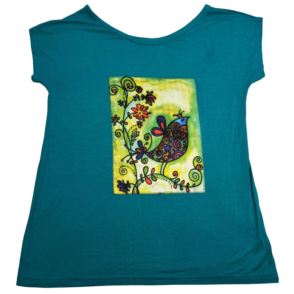 Arte Nanda Graphic Top Women Teal Excellent Bird Floral Patch Art Tee M